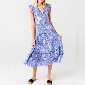 Poupette St Barth Blue Floral Midi Dress Boho Breezy Size Medium Vacation
